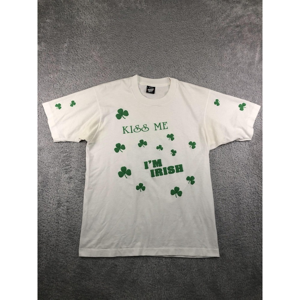 VTG Screen Stars Best T-Shirt Mens Size L White USA Made Kiss Me I'm Irish *FLaw